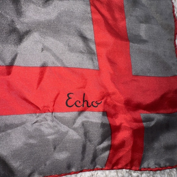 Echo Silk Scarf 26" Square Gray Red Geometric Colorblock Lightweight - Picture 2 of 5
